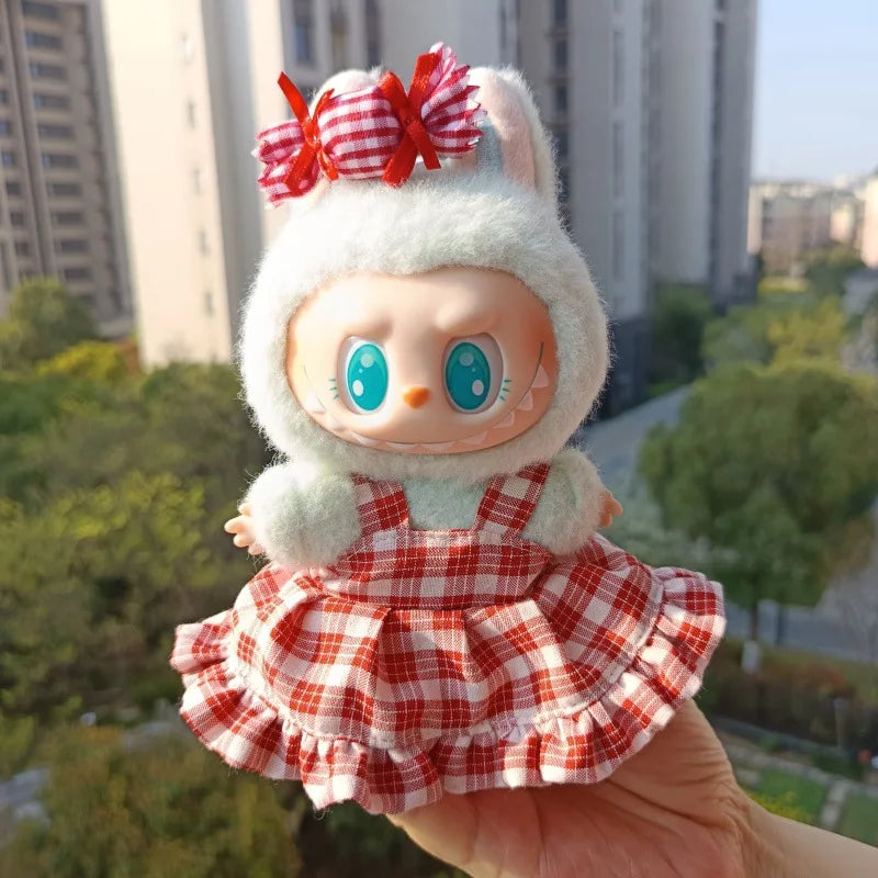 Labubu 17 cm Summer Outfit | Red Candy Dress & Straw Hat Doll Clothes