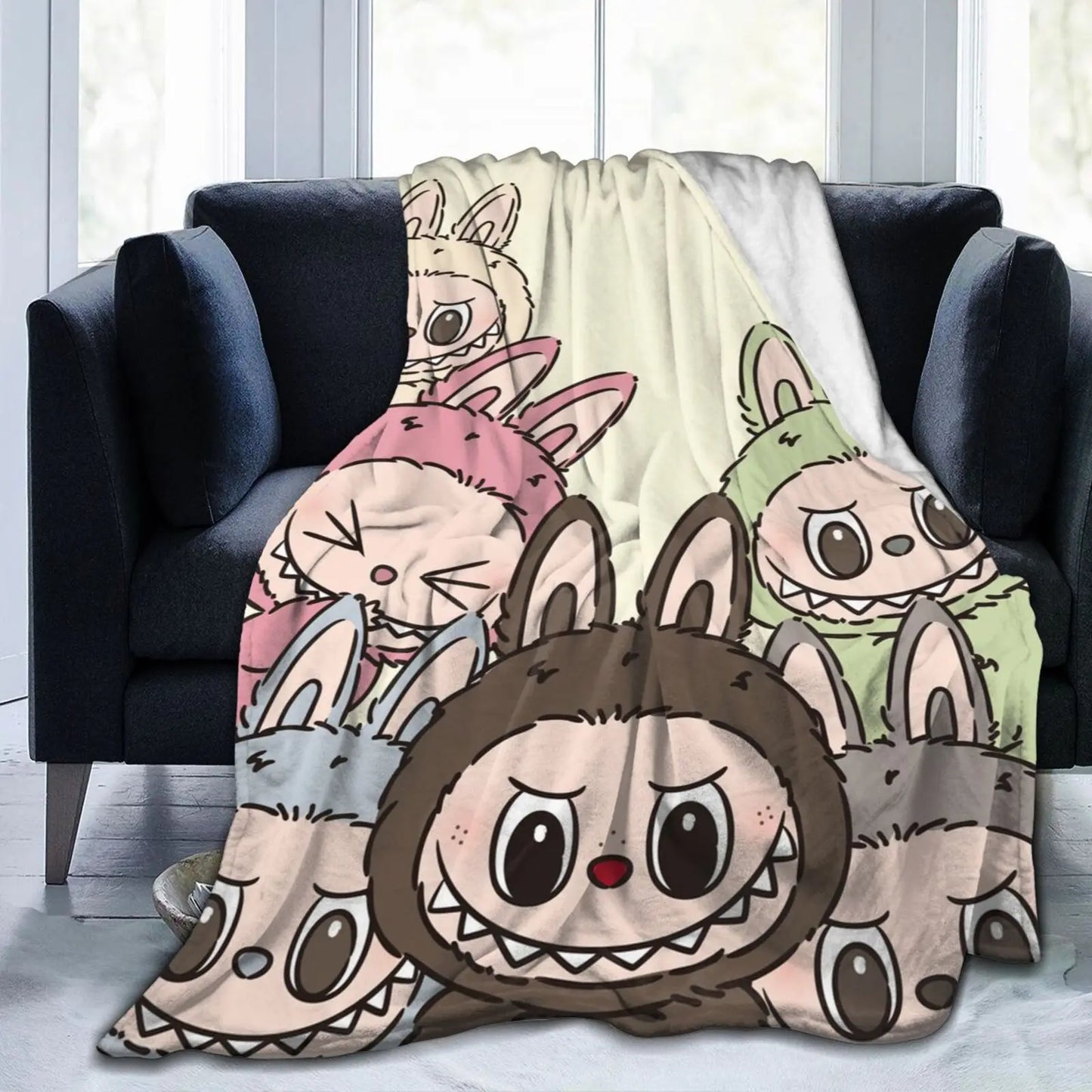 Labubu Soft Flannel Blanket | Cute Cartoon Lightweight Throw for Bed, Sofa, Office & All-Season Use