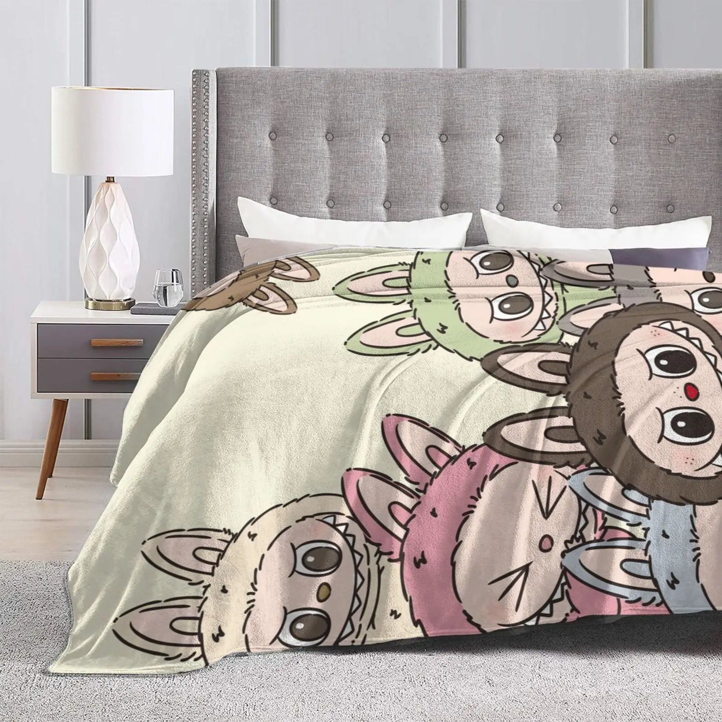 Labubu Soft Flannel Blanket | Cute Cartoon Lightweight Throw for Bed, Sofa, Office & All-Season Use
